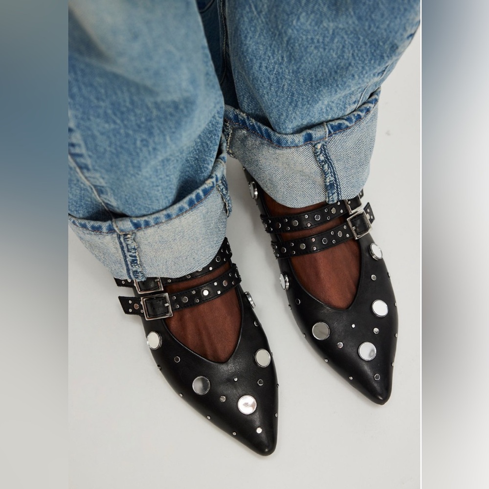 Free People Black Studded Pointed Mary Jane Flats